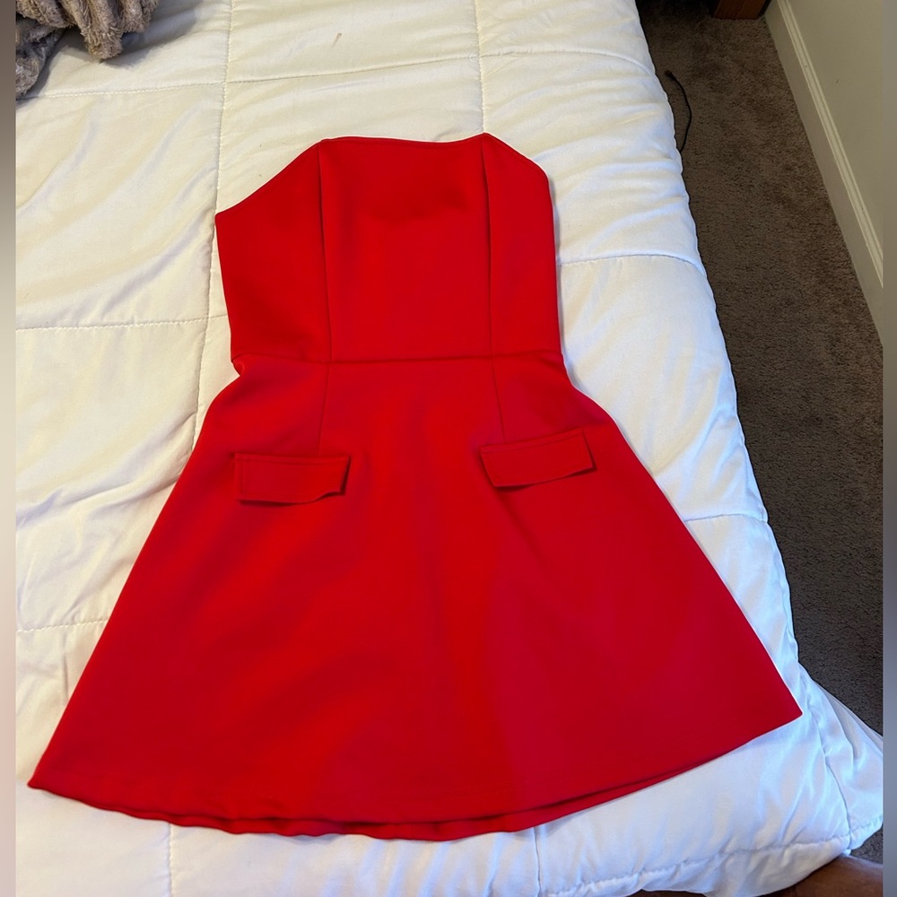Red strapless mini dress